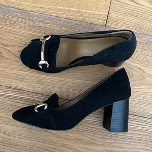 Black suede heeled loafers with gold hardware size 7.5